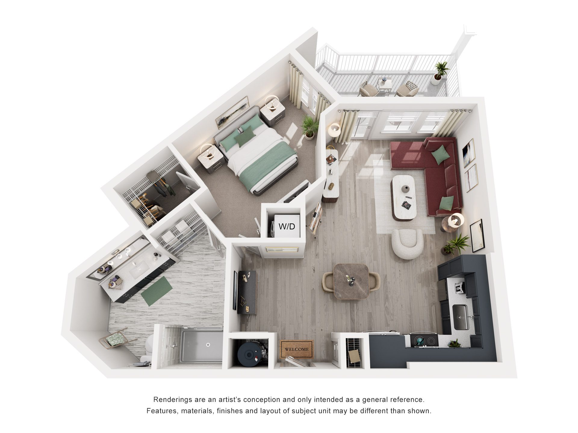 Floor plan for 1 bed, 1 bath, 770 sqft